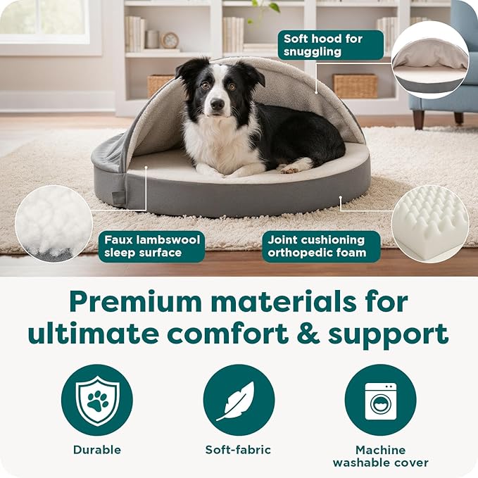 FurHaven Round Orthopedic Dog Bed for Large Dogs, Egg Crate with a Solid Orthopedic Foam Base with Attached Blanket Hood and Removable Washable Cover, Large, Sherpa & Suede Snuggery, Gray