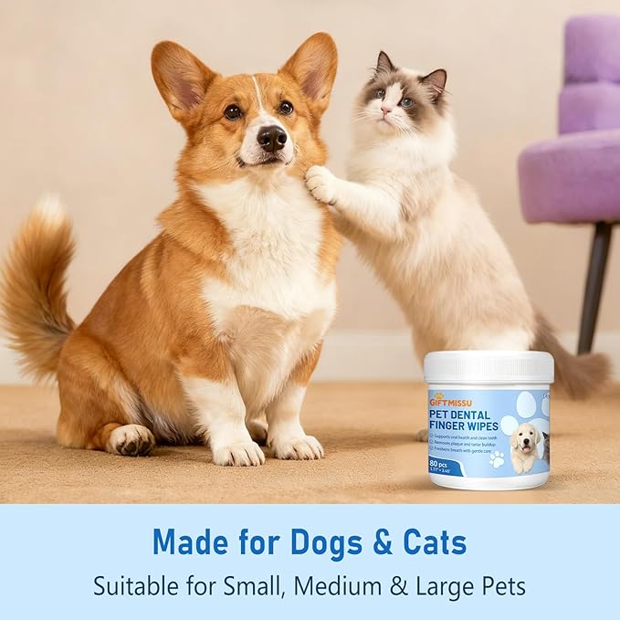 GIFTMISSU 80 Counts Pet Dental Finger Wipes for Dogs and Cats - Disposable Dog Teeth Cleaning Wipes for No-Rinse Daily Oral Care, Pet Tooth Cleaning Wipes