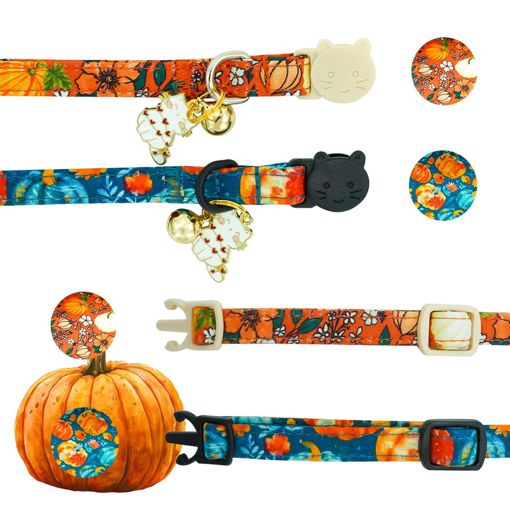 Elegant little tail Halloween Cat Collar-2 Pack Pumpkin Print Fall Cotton Breakaway Cat Collars with Bell Pendant Kitten Boy Girl Safety Adjustable Collar for Small Cats Puppy