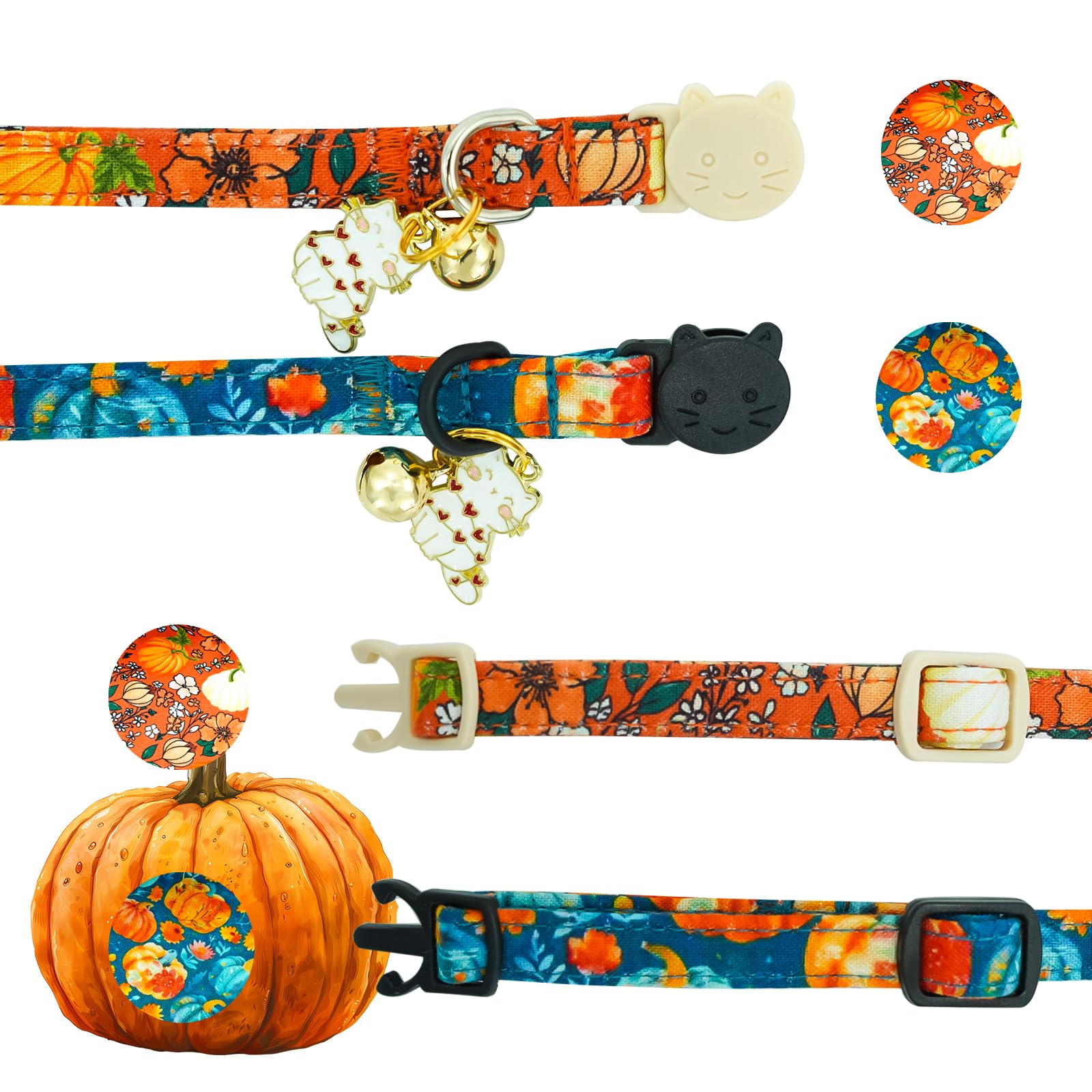 Elegant little tail Halloween Cat Collar-2 Pack Pumpkin Print Fall Cotton Breakaway Cat Collars with Bell Pendant Kitten Boy Girl Safety Adjustable Collar for Small Cats Puppy