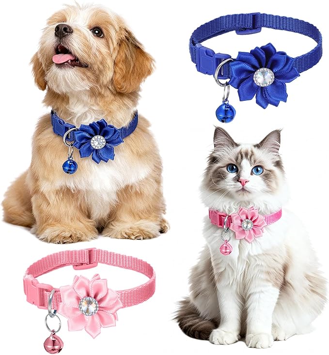 Tweruna 6 PCS Flower Kitten Collar with Bell, Adjustable Cute Cat Collar with Rhinestone for Female, Breakaway Small Kitten Collars, 6 Colors
