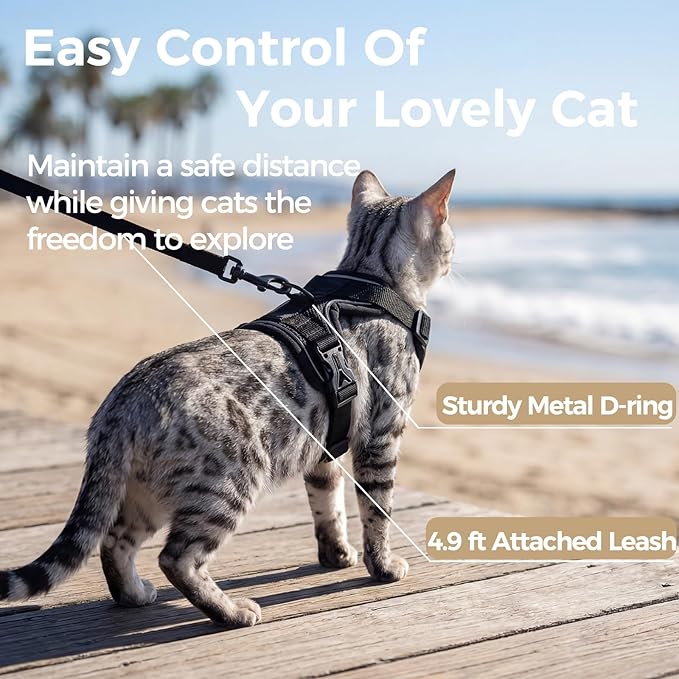 Cat Harness and Leash Set Escape Proof Tactical Extra Large Kitten Harness Emotional Support Cat Vest, Black, XXL