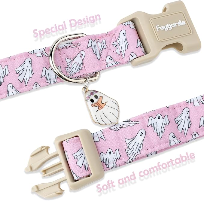 Faygarsle Pink Ghost Pattern Dog Collar with Charm, Halloween Pet Necklace, Adjustable Collar for Small Medium Large Dogs, L