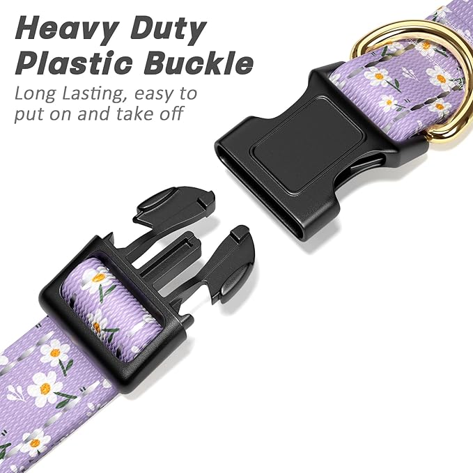 TMOODEL Reflective Dog Collar for Medium Dogs, Cute Flower Theme Adjustable Heavy-Duty Nylon Puppy Collar for Boy and Girl Female, Soft Pet Accessories with Quick Release Buckle, Purple White