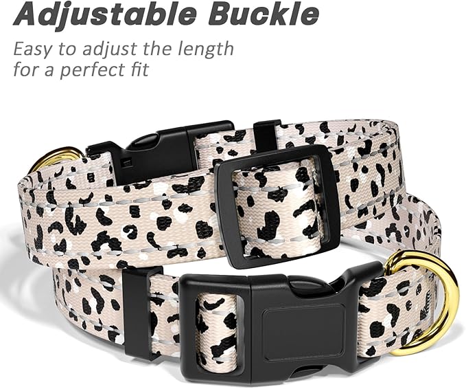 TMOODEL Reflective Dog Collar for Extra Small Dogs, Cute Leopard Style Adjustable Heavy-Duty Nylon Puppy Collar for Boy and Girl Female, Soft Pet Accessories with Quick Release Buckle, Beige