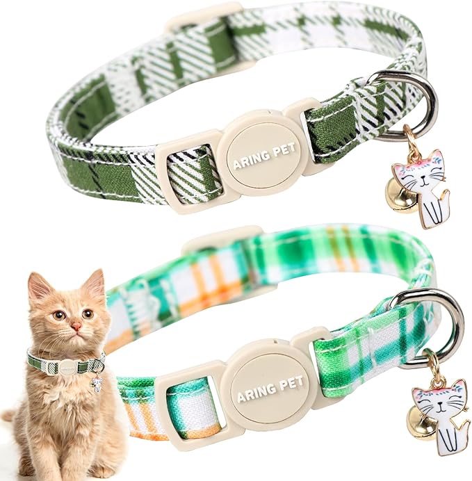 ARING PET 2 Pack Cat Collar, Christmas Breakaway Kitten Small Collars with Bells for Girl Boy Cats-Pink Reindeer Santa Claus & Green Xmas Tree