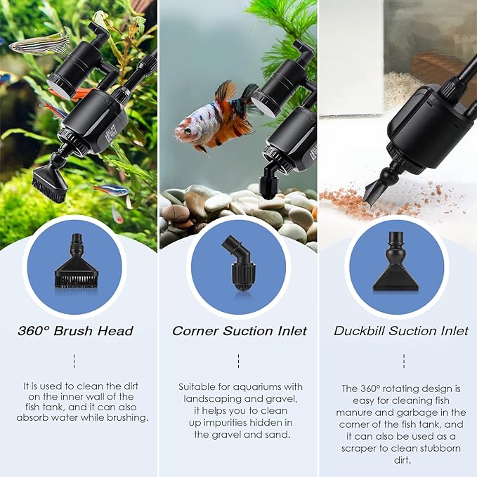 AQQA 6-in-1 Electric Aquarium Gravel Cleaner, 320GPH 20W Fish Tank Vacuum
