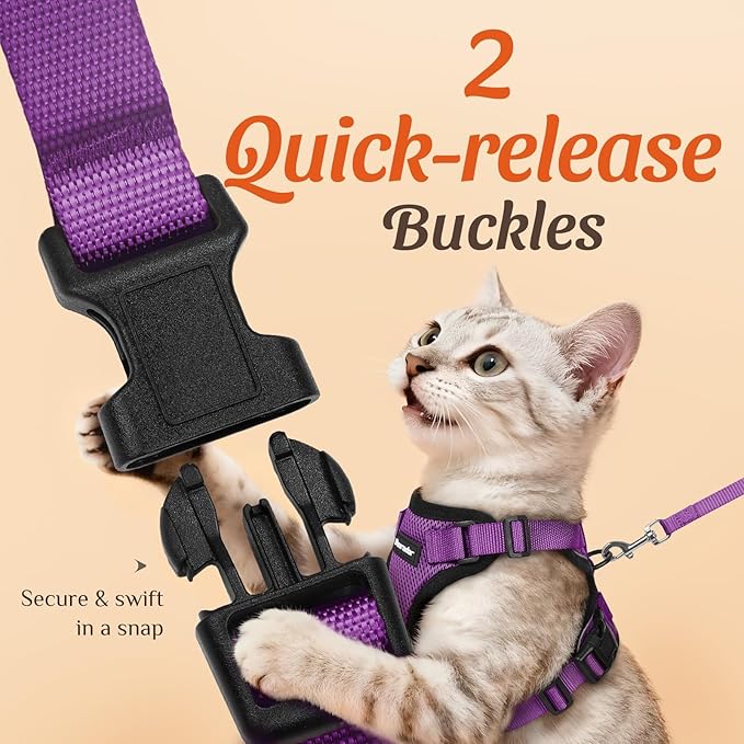 Dooradar Cat Harness and Leash Set, Escape Proof Safe Adjustable Kitten Vest Harnesses for Walking, Easy Control Soft Breathable Mesh Jacket with Reflective Strips for Cats, Purple, XS