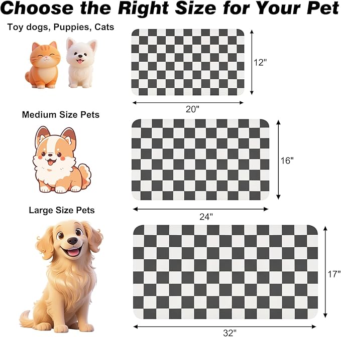 Checkered Dog Food Mat, Absorbent Leak-Proof Pet Feeding Mat, Quick Dry Cat Food Mat for Messy Drinkers 12" x 20" Black