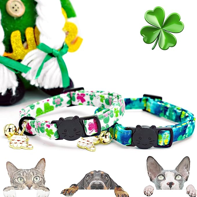 Elegant little tail St Patrick's 2 Pack Cat Collar- Trefoil Print Cotton Breakaway Cat Collars with Bell Pendant Kitten for Boy Girl Safety Adjustable Collar for Small Cats Puppy