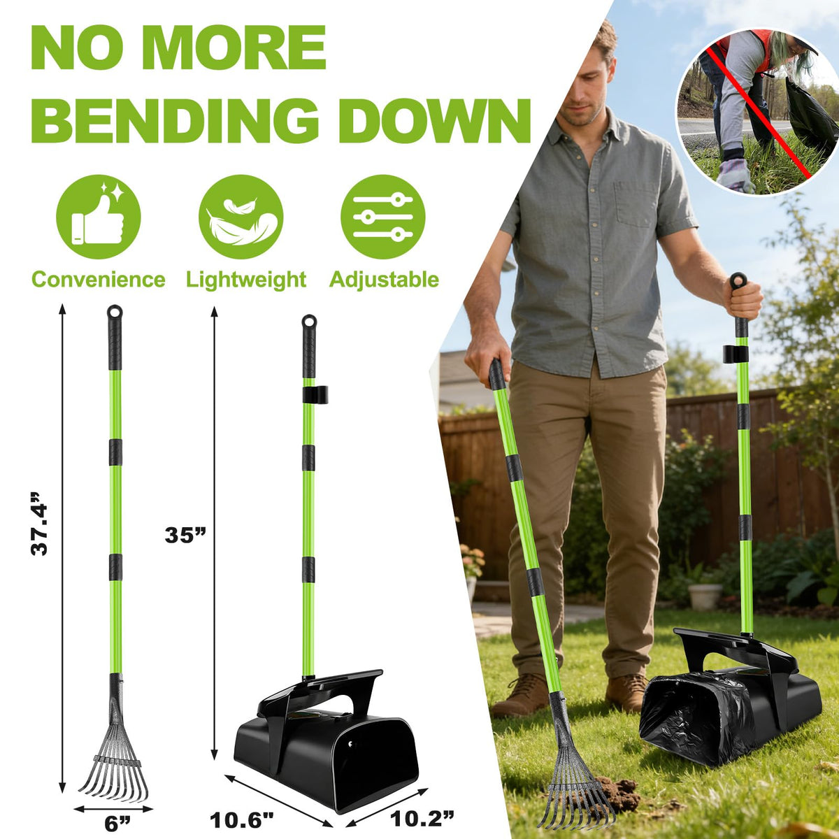 Yalumo Pooper Scooper Swivel Bin & Rake with 50 Waste Bags, 38" Long Adjustable Handle Dog Poop Scooper for Yard Large Medium Small Dog, Easy to Clean Pet Waste Use on Grass, Dirt, Concrete or Gravel
