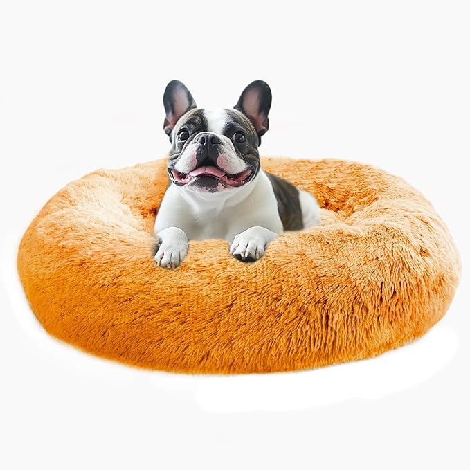 JOLLYVOGUE Calming Dog Bed for Small Dogs - 23 inches Donut Washable Small Dog Bed for Kittens & Puppies, Anti-Slip Round Fluffy Plush Faux Fur Cat Beds (Fits up to 25 lbs Pets