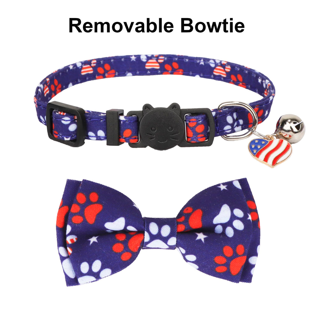 ADOGGYGO American Flag Cat Collar Breakaway with Bow Tie Bell - 2 Pack 4th of July Kitten Collar with Removable Bowtie Red Blue American Flag Collars for Cat Kitten