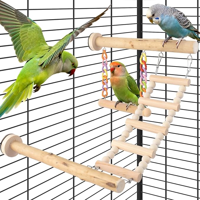 DBNESS 3pcs Natural Wood Bird Perch Toys, Rotating Perch Stand, L-Shaped Perches with Chew Block, Hanging Cork Stopper Toy, Birdcage Accessories for Small Medium Parrots Cockatiels Quaker Caique