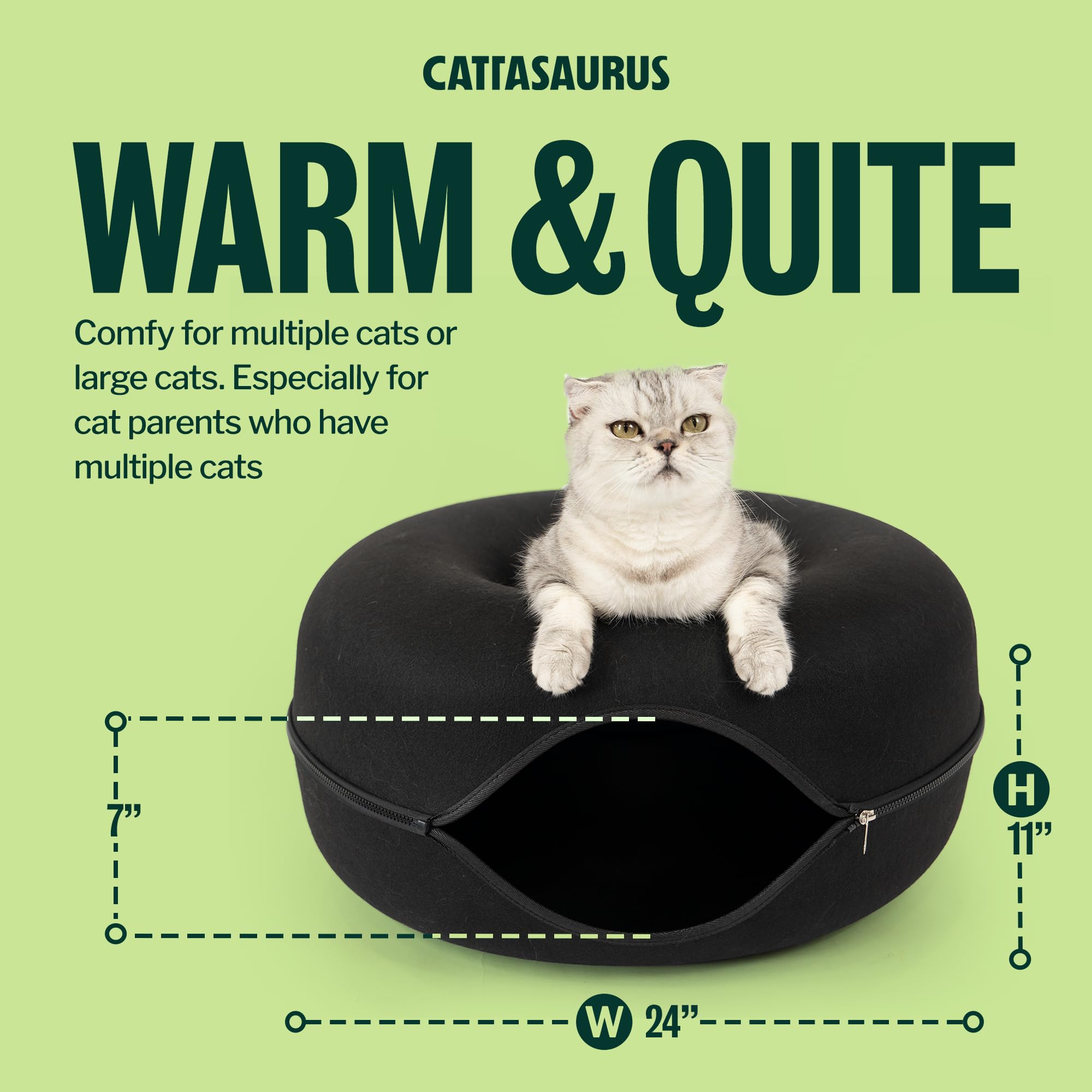 Cattasaurus Peekaboo Cat Cave Donut for Multiple & Large Cats up to 30-45 lbs, 3-in-1 Self Warming Cat Bed, Tunnel & Scratcher for Indoor Cats, Washable & Detachable Small Dog Bed (Black, Large)
