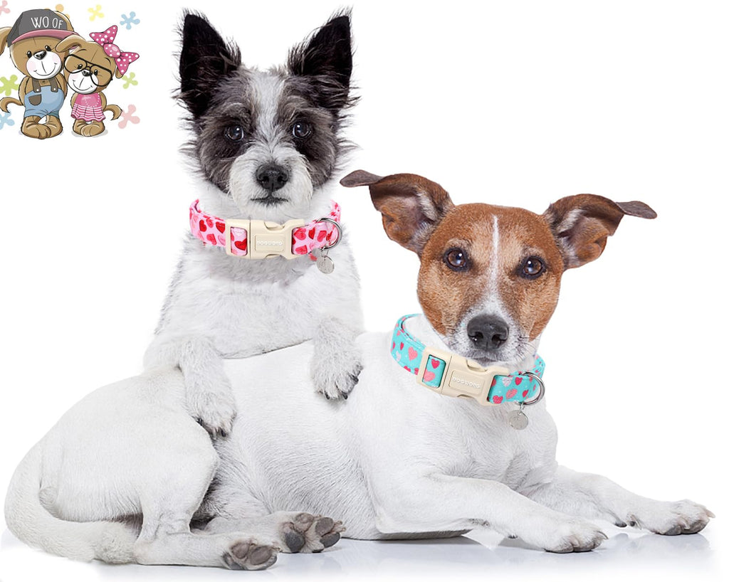 DOGWONG Valentine's Dog Collar - Blue Heart Adjustable Cotton Heart Dog Collar - Perfect for Small, Medium, Large Dogs