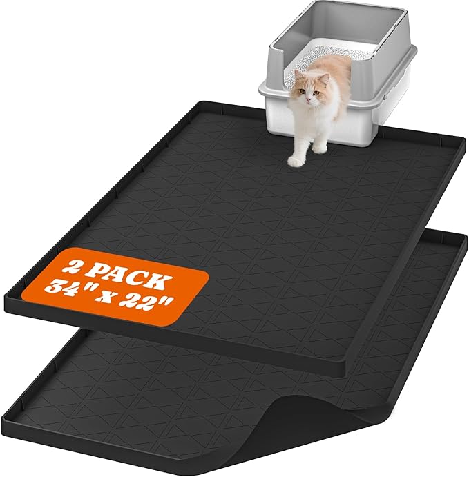 Pawtners Silicone Cat Litter Mat 34 x 22 in, Easy to Clean, Black, 2 Pack