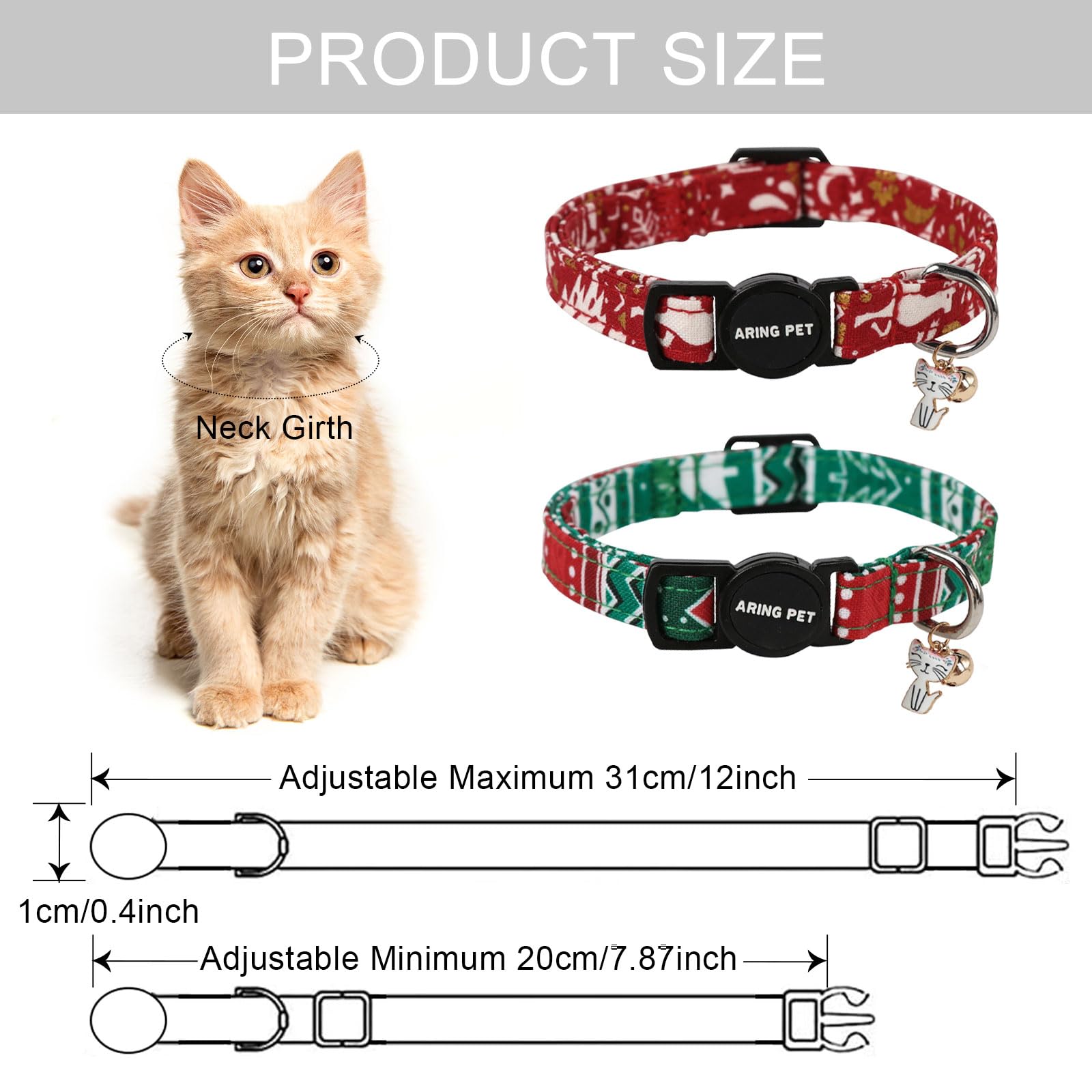 ARING PET 2 Pack Christmas Cat Collars-Cute Cat Collar Breakaway with Bell&Pendant, Adjustable Red Green Kitten Collars with Safety Buckle for Girl and Boy Cats