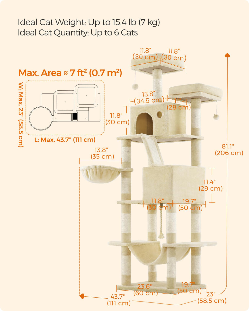 Feandrea Cat Tree, 81.1-Inch Large Cat Tower, Multi-Level Plush Condo with 13 Scratching Posts, 2 Perches, 2 Caves, Basket, Hammock, Pompoms, Beige UPCT190M01