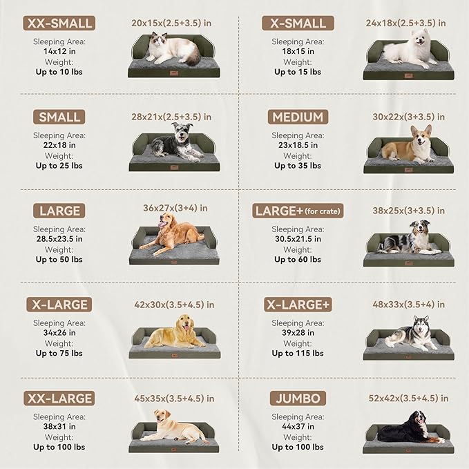 Large Dog Bed Orthopedic Washable - Removable Waterproof Cover Bed Pet - Large Big Dogs - Memory Foam - Couch Sofa with Removable Bolster - Dark Green Dog Bed