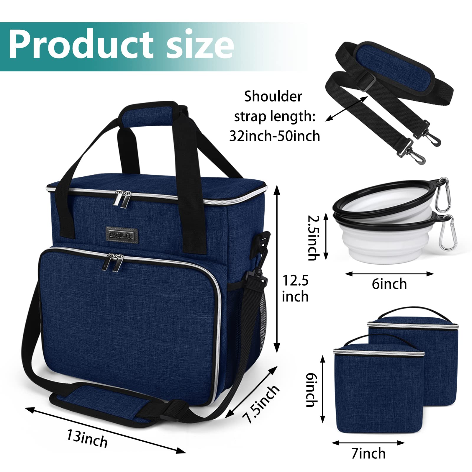 BAGLHER Dog Travel Bag, Pet Travel Bag (ALL Pet Travel Supplies), With 2 Pet Food Containers and 2 Collapsible Silicone Bowls; Essential Kits for Pet Travel Dark Blue