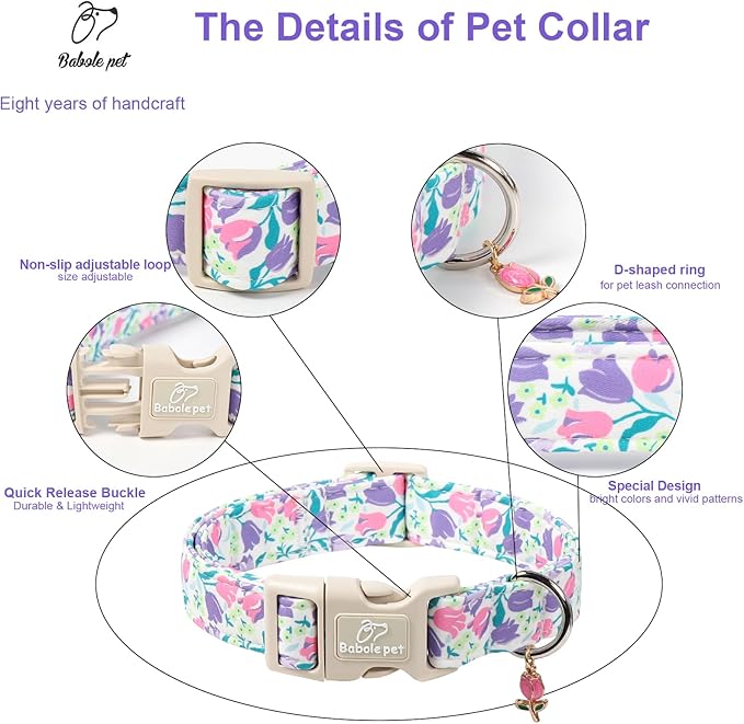 Babole Pet Floral Dog Collar for Large Dogs - Pink Purple Tulips Print Dog Collars, Spring Summer Cute Flower Puppy Collar, Lightweight Adjustable April Holiday Boy Girl Dogs Collars XL