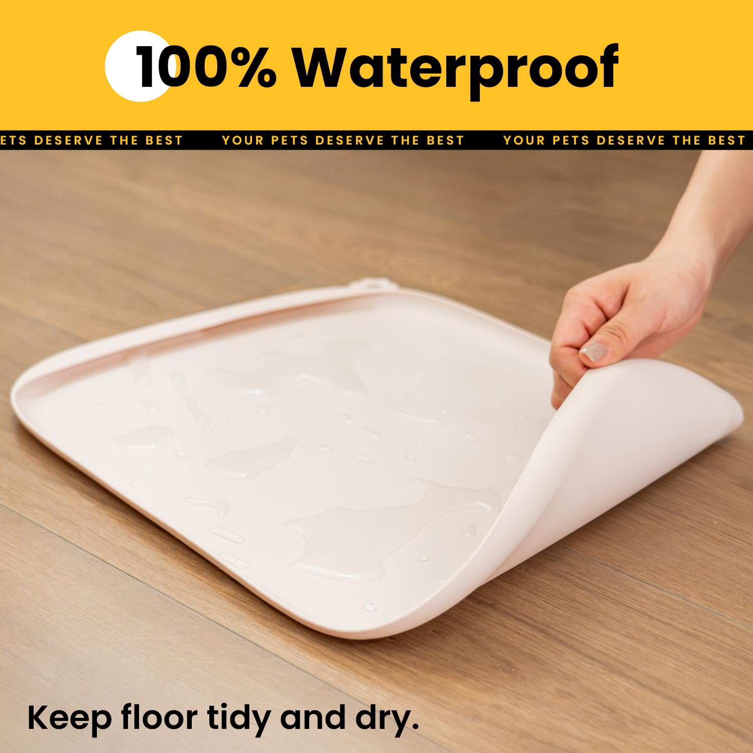 Silicone Dog Food Mat with Side Pocket & Hook Hole, Soft Raised Edges, Easy Clean Waterproof Non-Slip Pet Feeding Mat for Cats and Dogs Water Bowl, Pets Accessories(24"x16",Natural Tan)