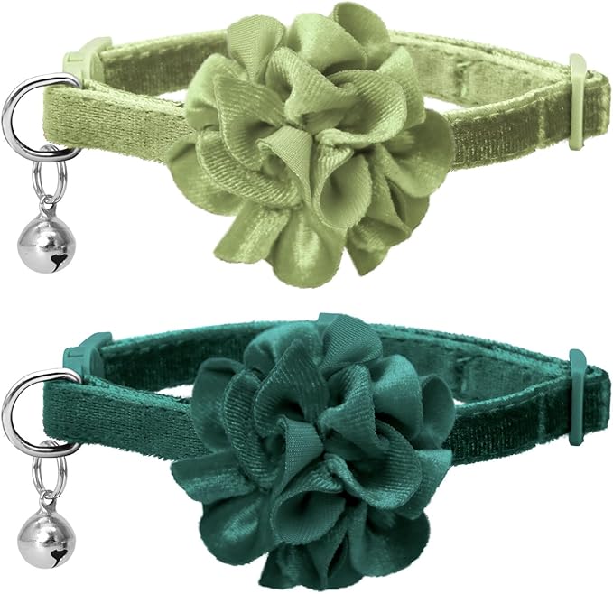 azuza 2 Pack Breakaway Cat Collar with Bell, Velvet Floral Green Cat Collar