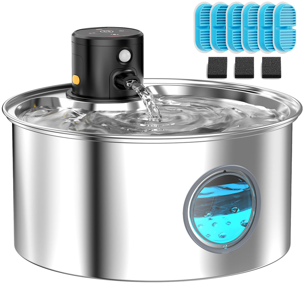 Cat Water Fountain Battery Powered: Cordless Cat Fountain Wireless - Rechargeable Pet Water Fountain Stainless Steel - 108oz/3.2L Automatic Kitty Water Fountain with Motion Sensor - 9 Filters