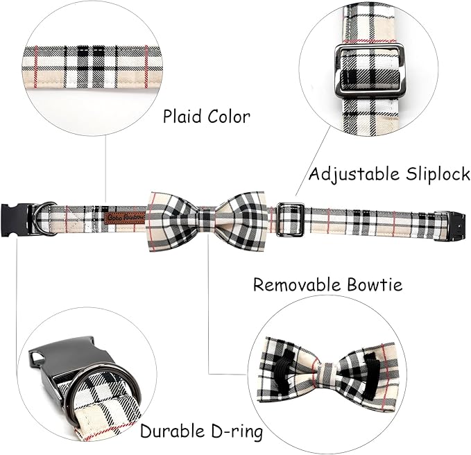 Bobo Rainbow Classic Beige Plaid Dog Collar with Bow for Small Puppy
