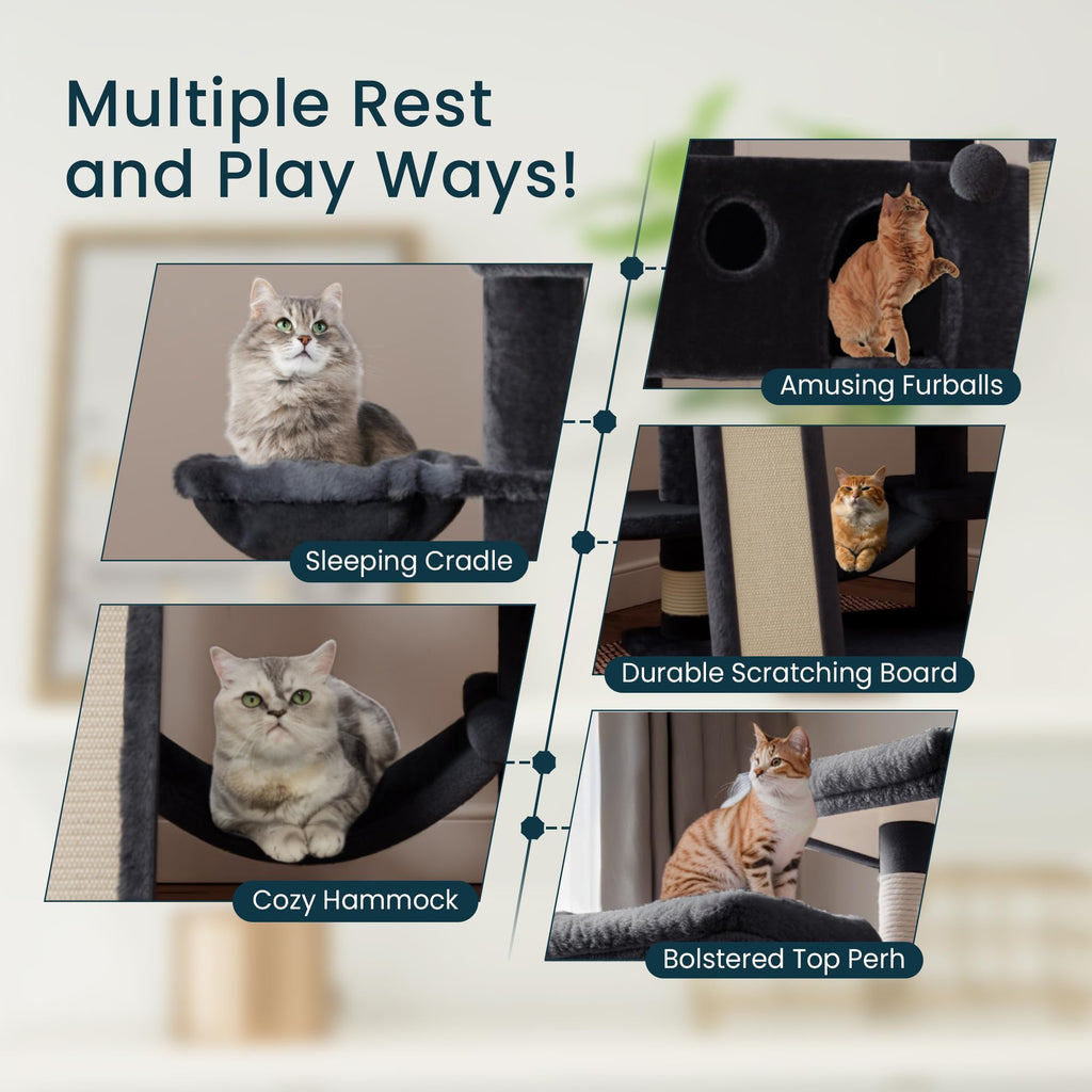 SHA CERLIN 65in Larger Cat Tree Tower Condo for Indoor Kitties/Multi-Level Furniture Activity Center with Wide Base/Cozy Plush Cat Perches/Baskets/Sisal Scratching Posts and Hammock/Dark Grey