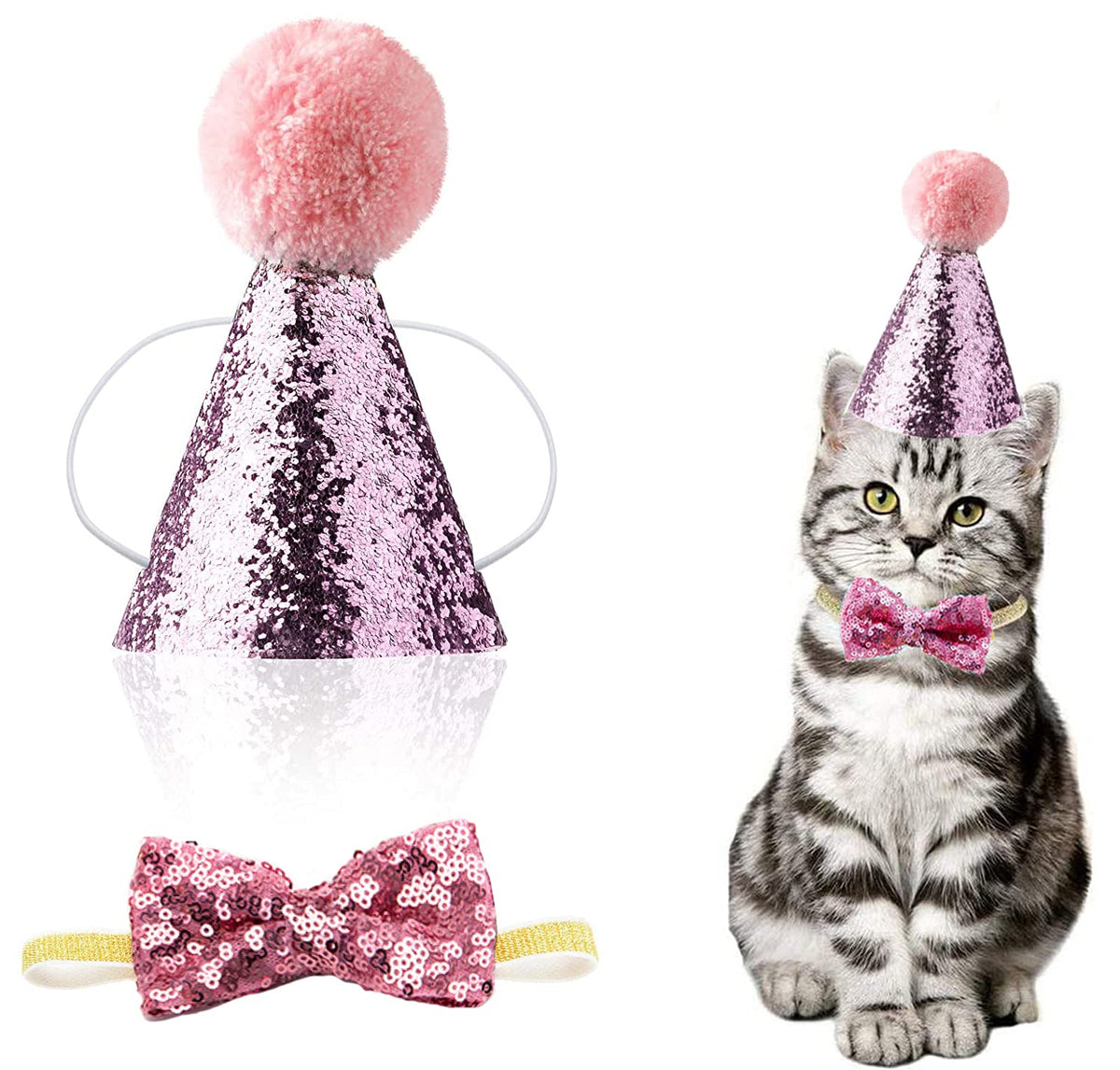 Christmas Pet Party Jazz Hat and Blingbling Bow Tie Breakaway Collar Set, Adjustable Headband for Kitten Puppy Small Dogs Cats (2/LB-Pink2)