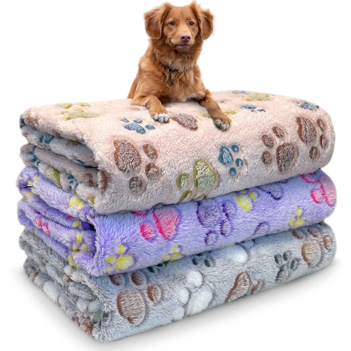 Dog Blankets for Large Dogs, 3 Pcs Dog Blanket Washable, Soft Fluffy Flannel Pet Blanket Mat Cover for Bed Couch, Cute Print Puppy Blanket 60" x 50"