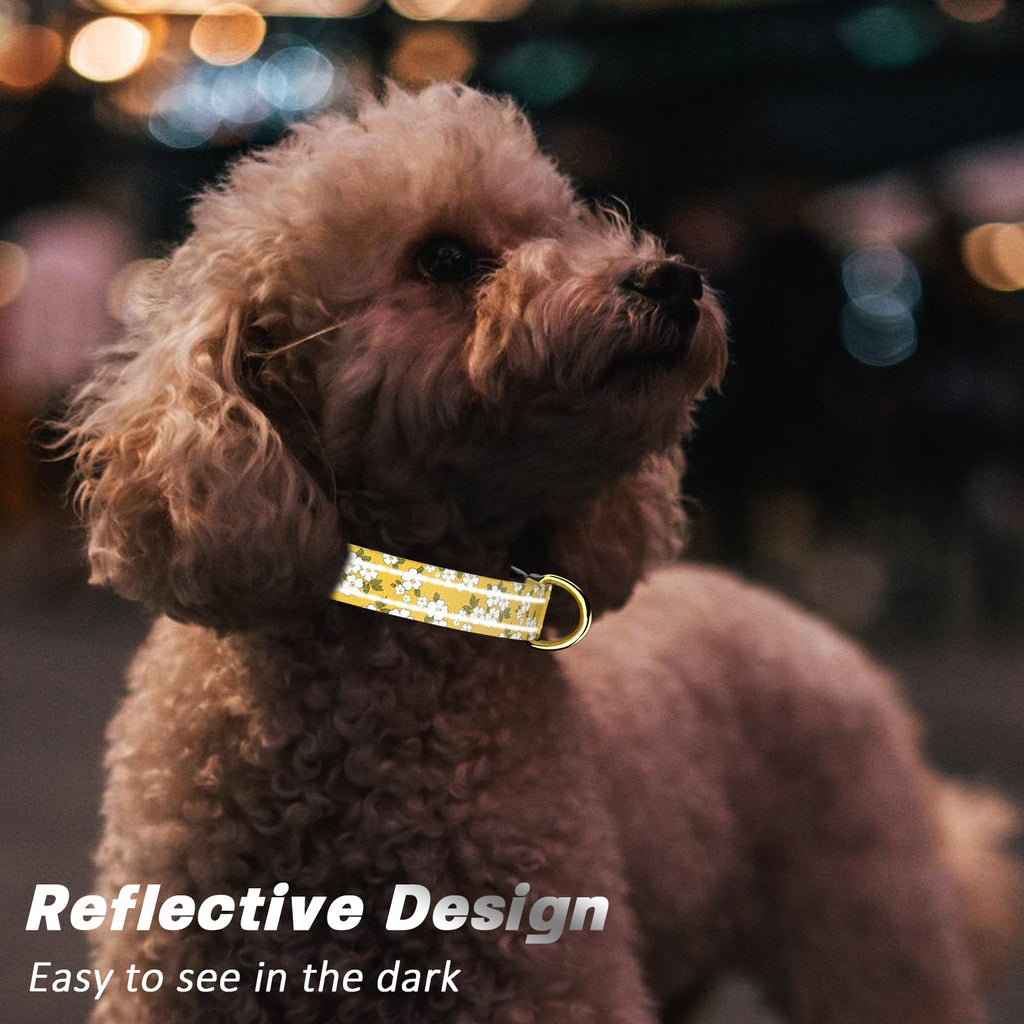 TMOODEL Reflective Adjustable Dog Collar for Medium Dogs, Yellow Flower, M