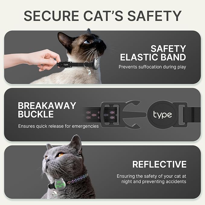 Waterproof Airtag Cat Collar, Breakaway Cat Airtag Collar with Luminous & Reflective Fish Pattern, Lightweight Kitten Collars for Apple Air tag, Hidden GPS Tracker Holder for Cats, Kittens(9-13")