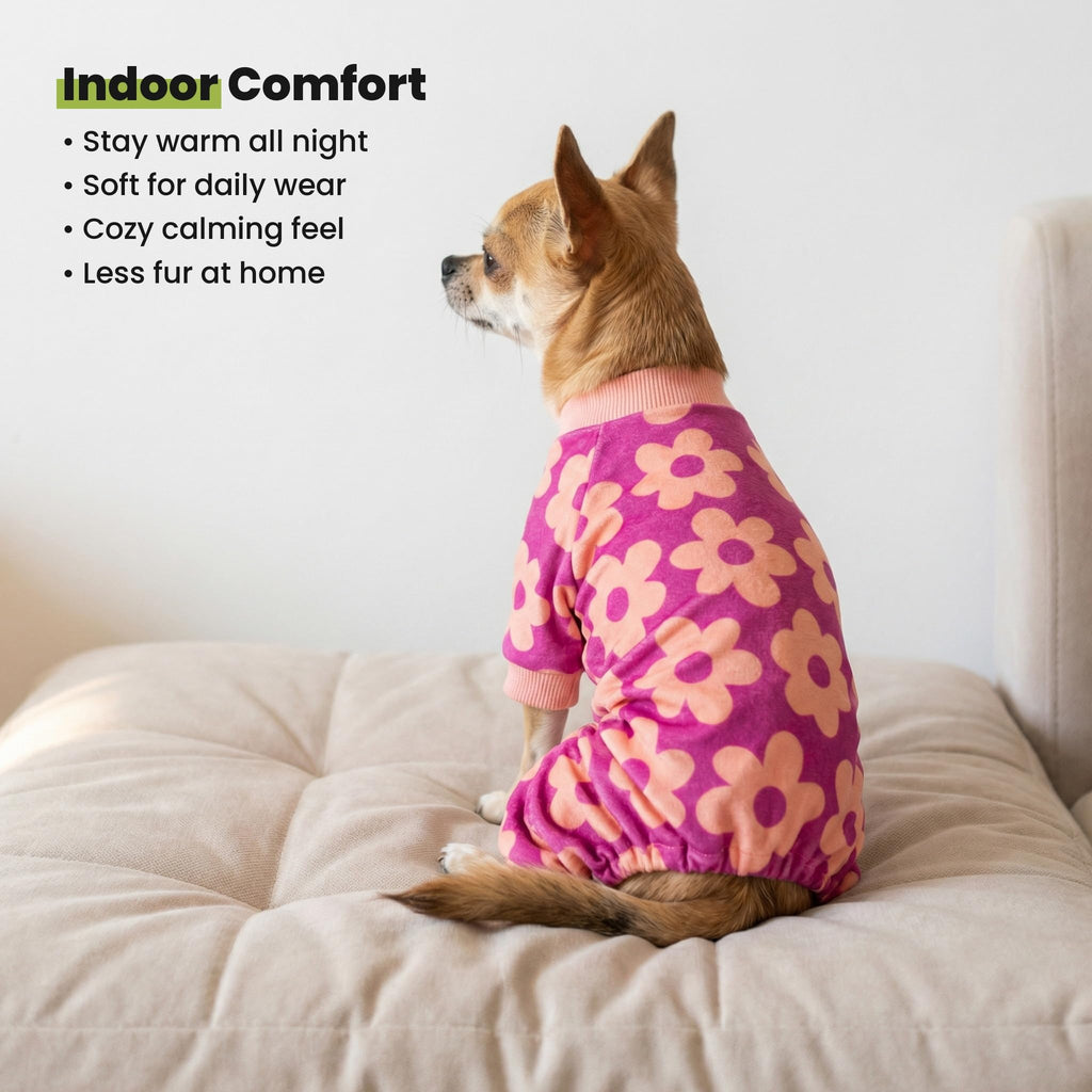 Fitwarm Flower Fleece Dog Pajamas, Warm Winter Dog Clothes for Small Dogs Girl, Cozy Pet Onesie with Feet, Pink, Medium