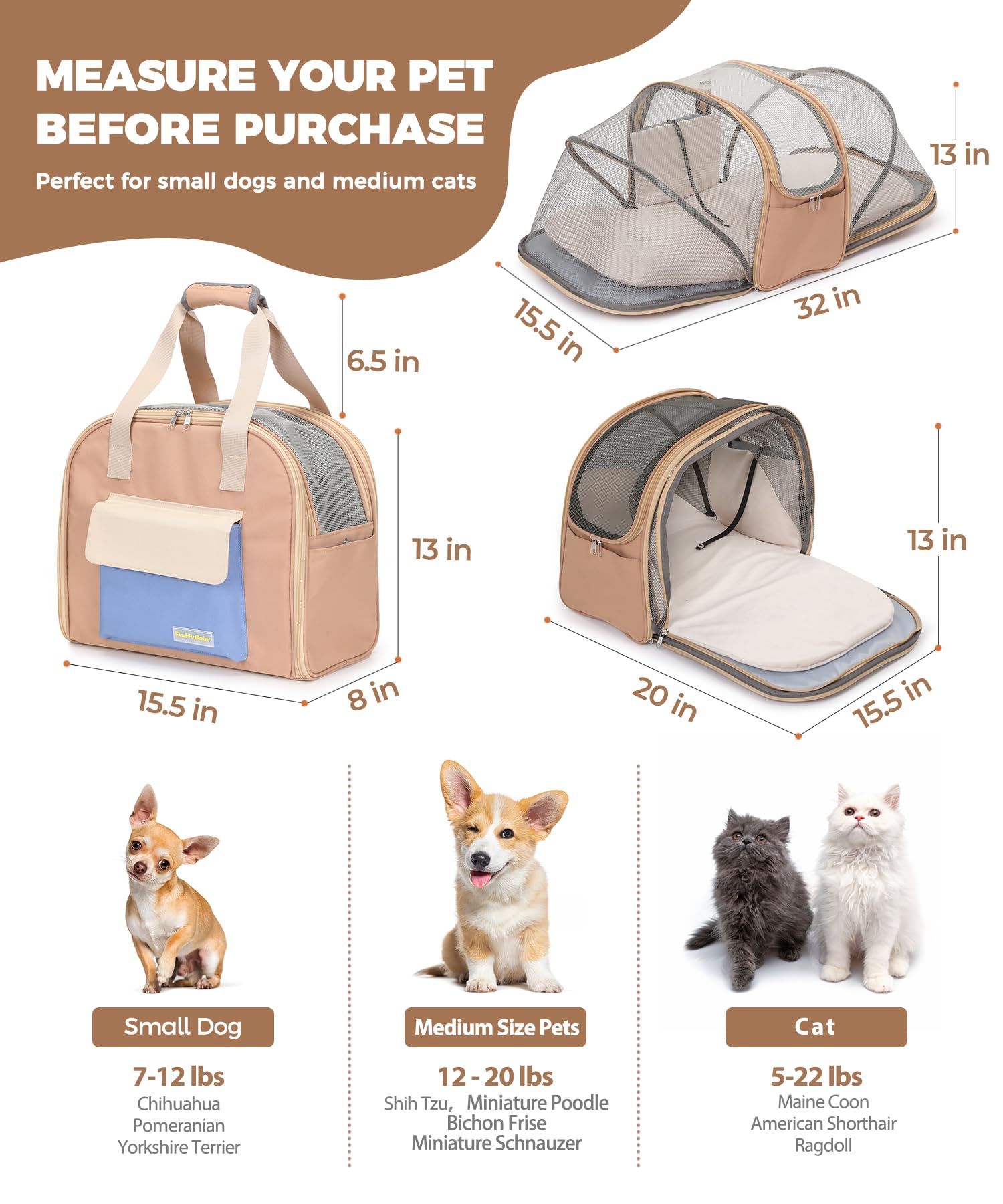 Expandable Cat & Small Dog Carrier Backpack, Soft-Sided Airline-Approved Pet Travel Bag with Dual-Side Expansion, Under-Seat Fit, Breathable Mesh, for Hiking, Vet Visits & Trips (Up to 22 lbs)