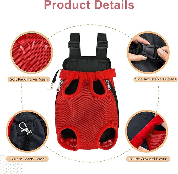 Dog Carrier Backpack, Adjustable Pet Front Carrier Backpack, Ventilated Pet Chest Carrier for Hiking Camping Travel, Sling Bag for Small Medium Dog Cat Rabbit Puppy (Red, XL)