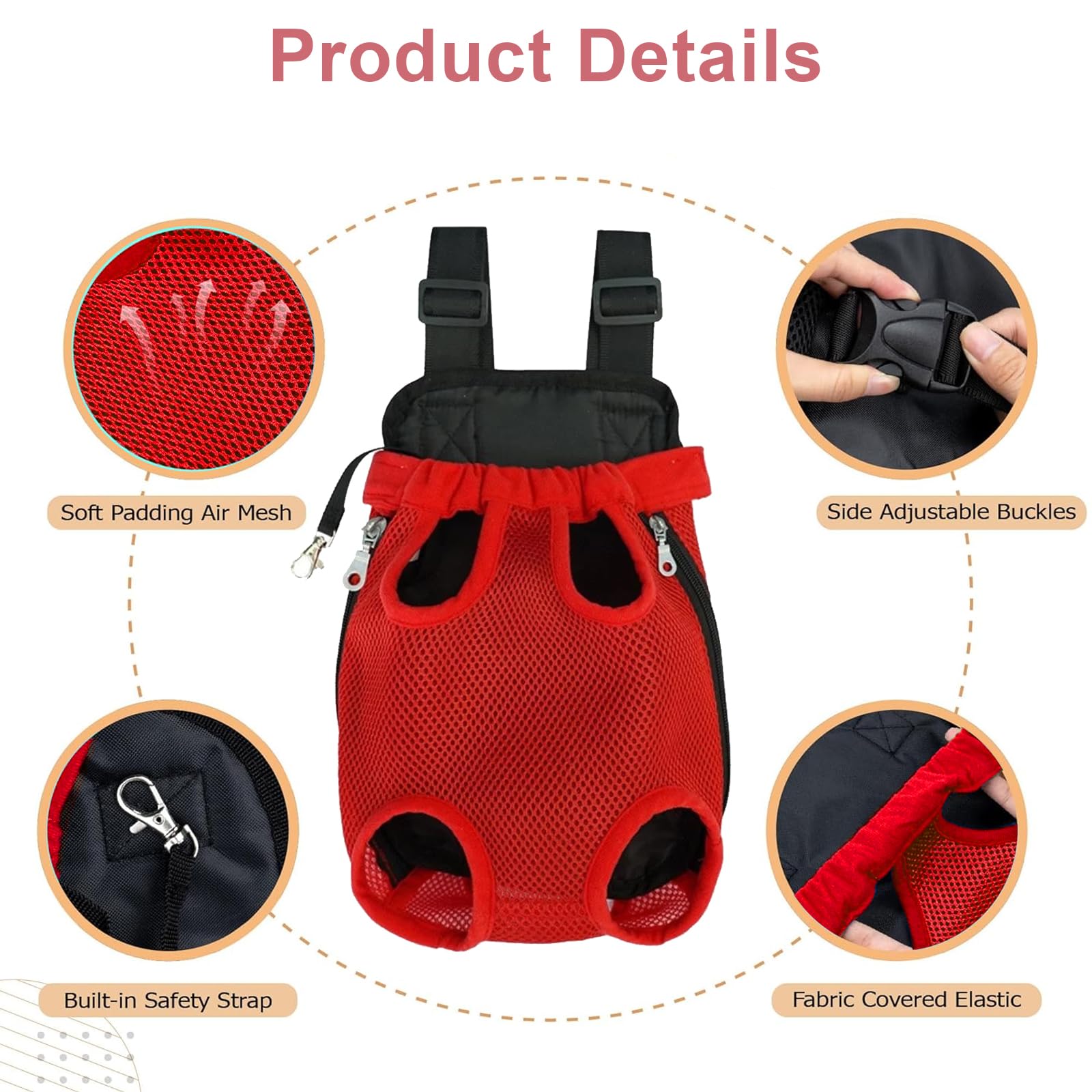 Dog Carrier Backpack, Adjustable Pet Front Carrier Backpack, Ventilated Pet Chest Carrier for Hiking Camping Travel, Sling Bag for Small Medium Dog Cat Rabbit Puppy (Red, XL)