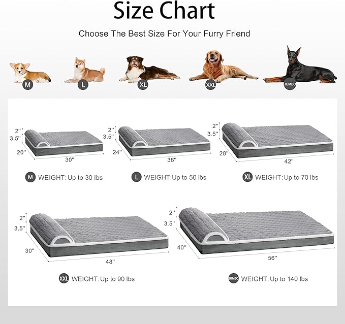 Orthopedic XL Dog Bed Large Sized Dog with Pillow 48''X30'', Waterproof Soft Comfortable Egg Crate Foam Pet Crate Beds Mat with Removable Washable Cover and Non-Slip Bottom, Grey