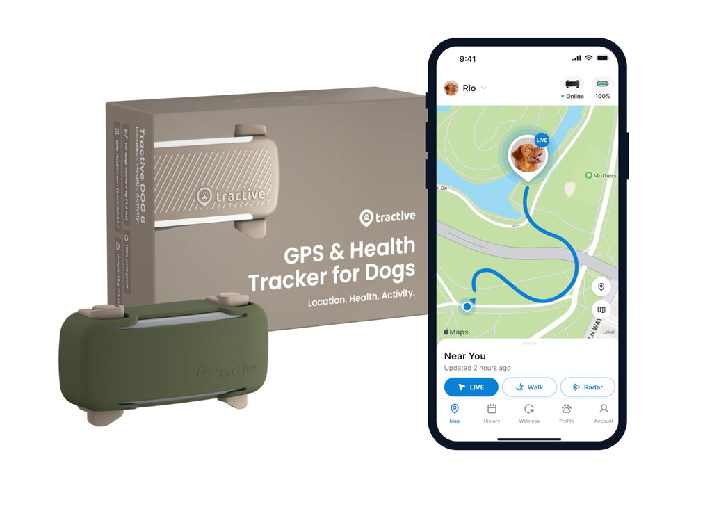 Tractive GPS Dog Tracker (2025 Release) Real-time Pet Location Tracker | Health & Wellness Alerts | Virtual Fence for Dogs | Bark Monitoring (Brown w/Olive Cover)