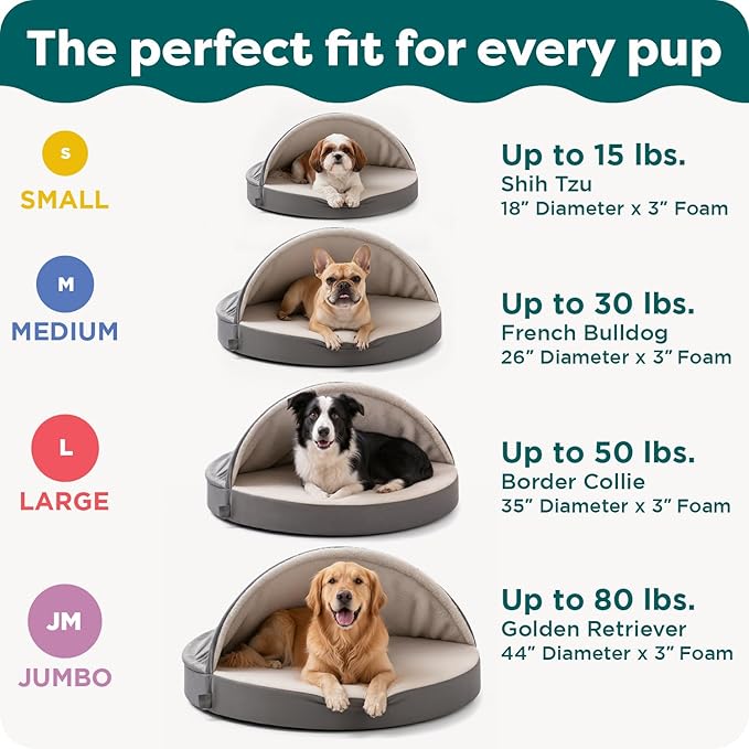 FurHaven Round Orthopedic Dog Bed for Large Dogs, Egg Crate with a Solid Orthopedic Foam Base with Attached Blanket Hood and Removable Washable Cover, Large, Sherpa & Suede Snuggery, Gray