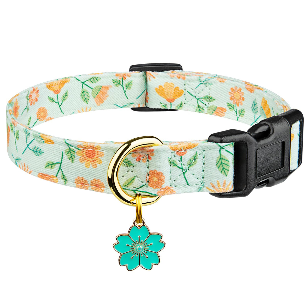 Cotton Dog Collar Pink Flower with Pendant Cute Dog Collar S