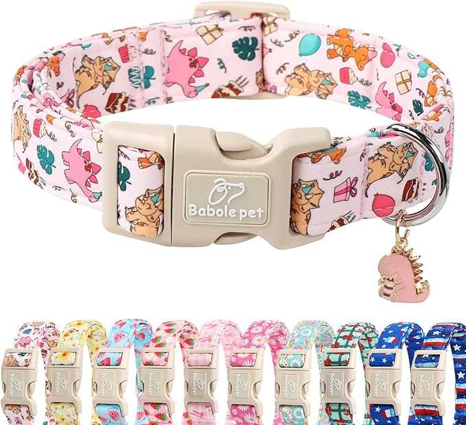 Babole Pet Cute Dinosaur Dog Collar, Adjustable Pink Dino Dog Collars for Large Dogs, Lightweight Quick-Release Buckle Birthday Collar for Boy&Girl Dogs L