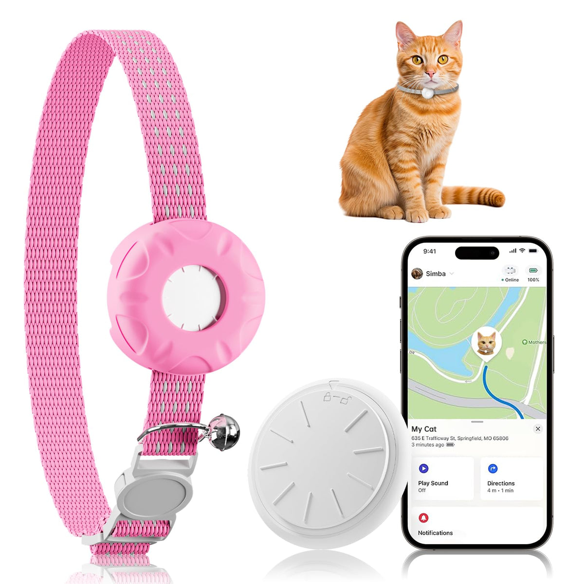 Cat Tracker, GPS Tracker Compatible with Apple Find My App(Only iOS), Waterproof Cat Tracker Collar with Bell and Safety Elastic Buckle, No Monthly Fee Pet Trackers, Works with Any Collar,Green