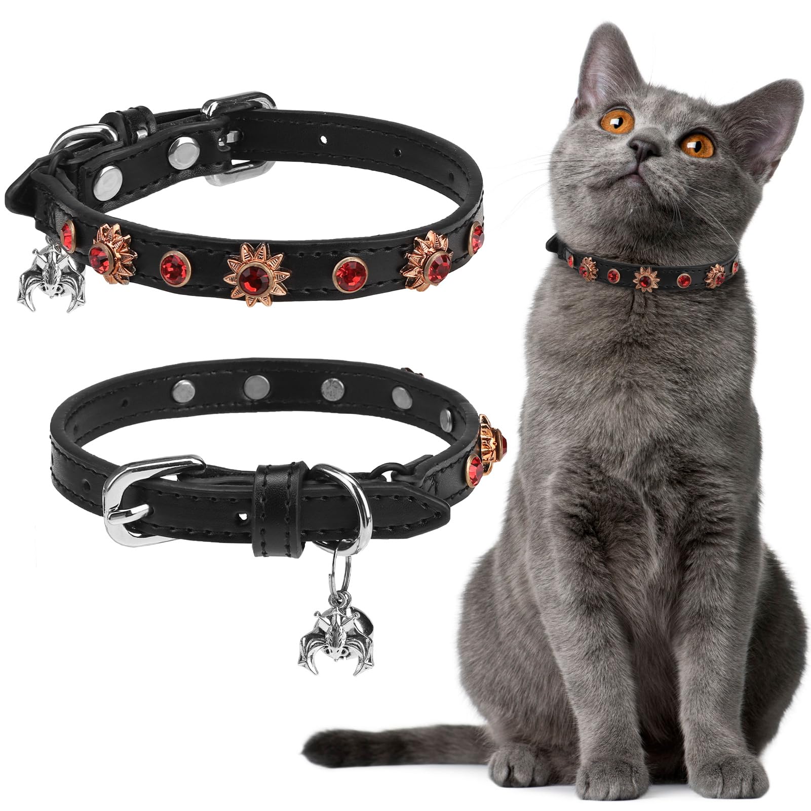 EXPAWLORER Leather Cat Collar for Girl Boy Cats,Black(Diamond Sunflower)