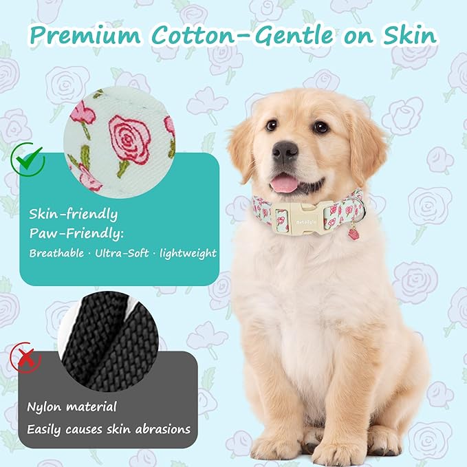 Astdogio Dog Collar for Medium Dogs, Spring &Summer Theme Blue Medium Dog Collars with Pink Rose Pattern, Adjustable Puppy Dog Collars, Cute Girl or Boy Dog Collar Ideal for Gifts,Pet Accessory