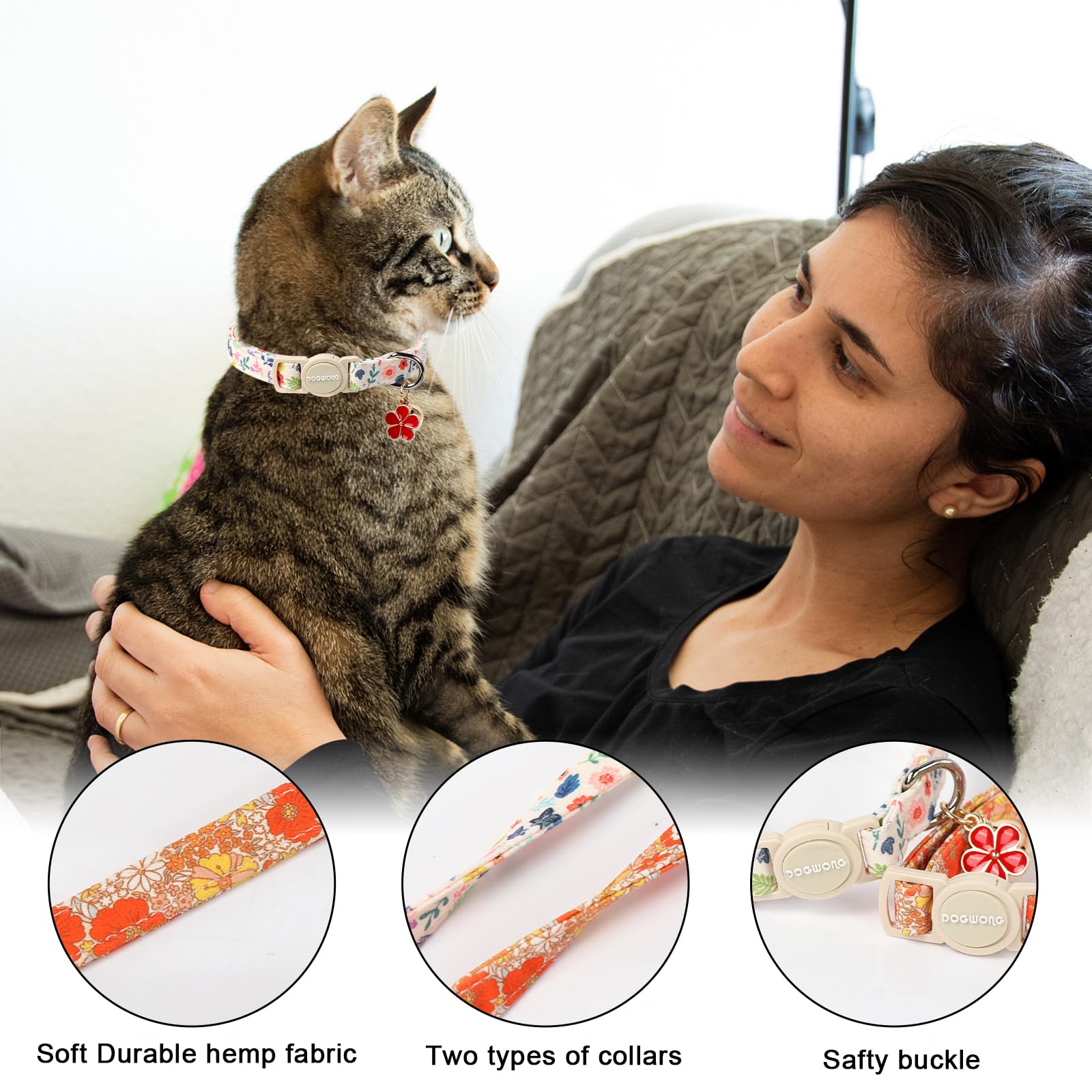 2 Pack Flower Cat Collars Breakaway with Bell, DOGWONG Safety Buckle Rose Floral Cute Cat Collar for Girl Boy Cats，Adjustable 7-12 Inch