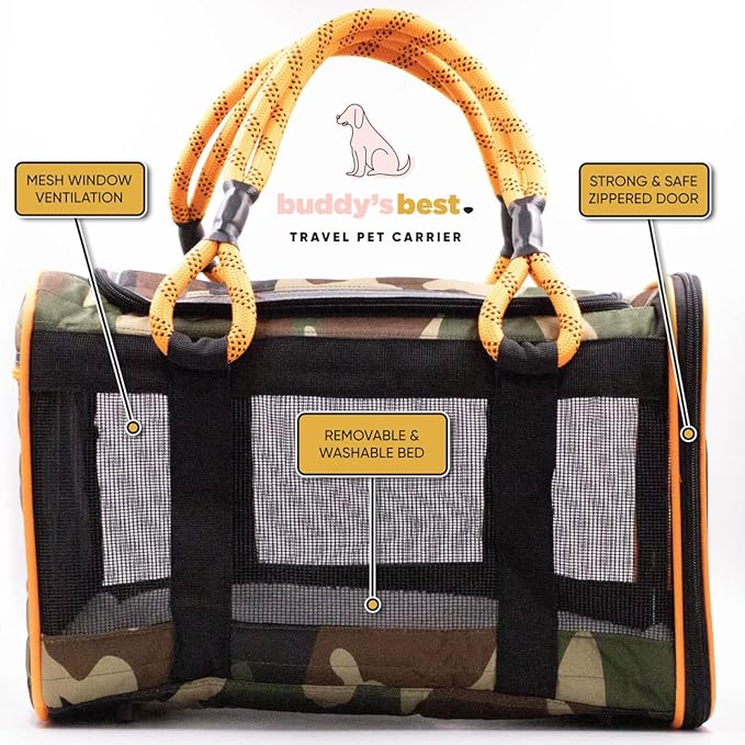 Buddy's Best Airline Approved Pet Carrier – Black & Orange Heavy Duty, Fits Under Seat, TSA Compliant, Ventilated Mesh Design w/Waterproof Base & Reflective Safety Strips
