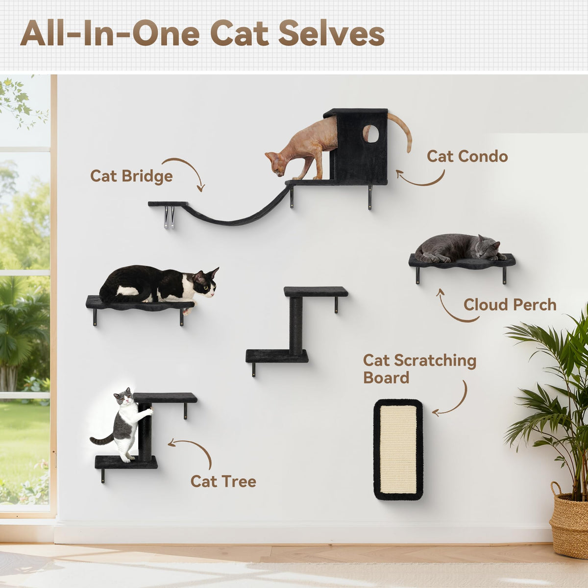 6‑in‑1 Cat Wall Shelves, Wall Mounted Cat Furniture Set with Scratching Posts, Cat Bed & Bridge, Space Saving Cat Climbing Perch for Kittens & Cats Up to 22 Lbs, Black